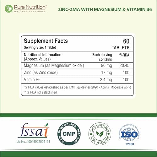 Pure Nutrition Zinc ZMA – 60 Veg Tablets | 800mg Zinc, Magnesium Aspartate &amp; Vitamin B6 | Supports Muscle Recovery, Bone Strength &amp; Deep Sleep | Boosts Energy, Testosterone &amp; Immunity