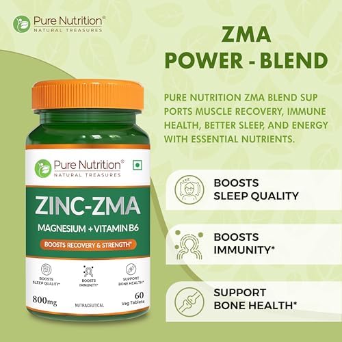 Pure Nutrition Zinc ZMA – 60 Veg Tablets | 800mg Zinc, Magnesium Aspartate &amp; Vitamin B6 | Supports Muscle Recovery, Bone Strength &amp; Deep Sleep | Boosts Energy, Testosterone &amp; Immunity
