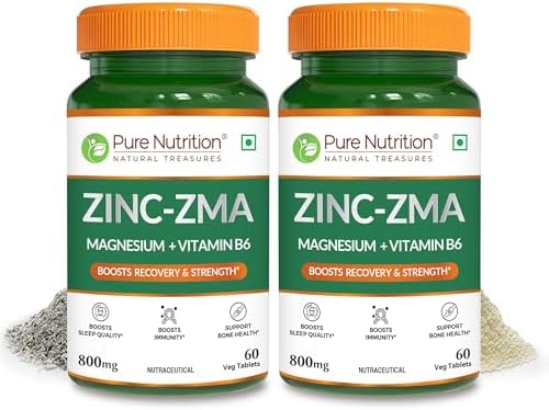 Pure Nutrition Zinc ZMA – 60 Veg Tablets | 800mg Zinc, Magnesium Aspartate &amp; Vitamin B6 | Supports Muscle Recovery, Bone Strength &amp; Deep Sleep | Boosts Energy, Testosterone &amp; Immunity | Ideal for|B08GLHRNRG