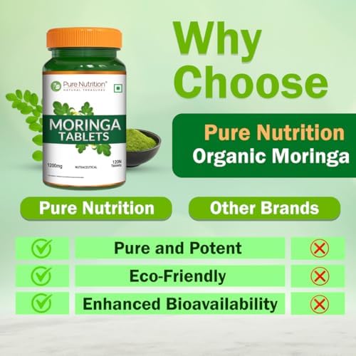 Pure Nutrition Organic Moringa 1200mg - 120 Veg Tablets | 100% Natural Immunity Booster | USFDA Certified | Supports Healthy Digestion &amp; Appetite | Energy Booster | Antioxidant-Rich | Vegan Supplement