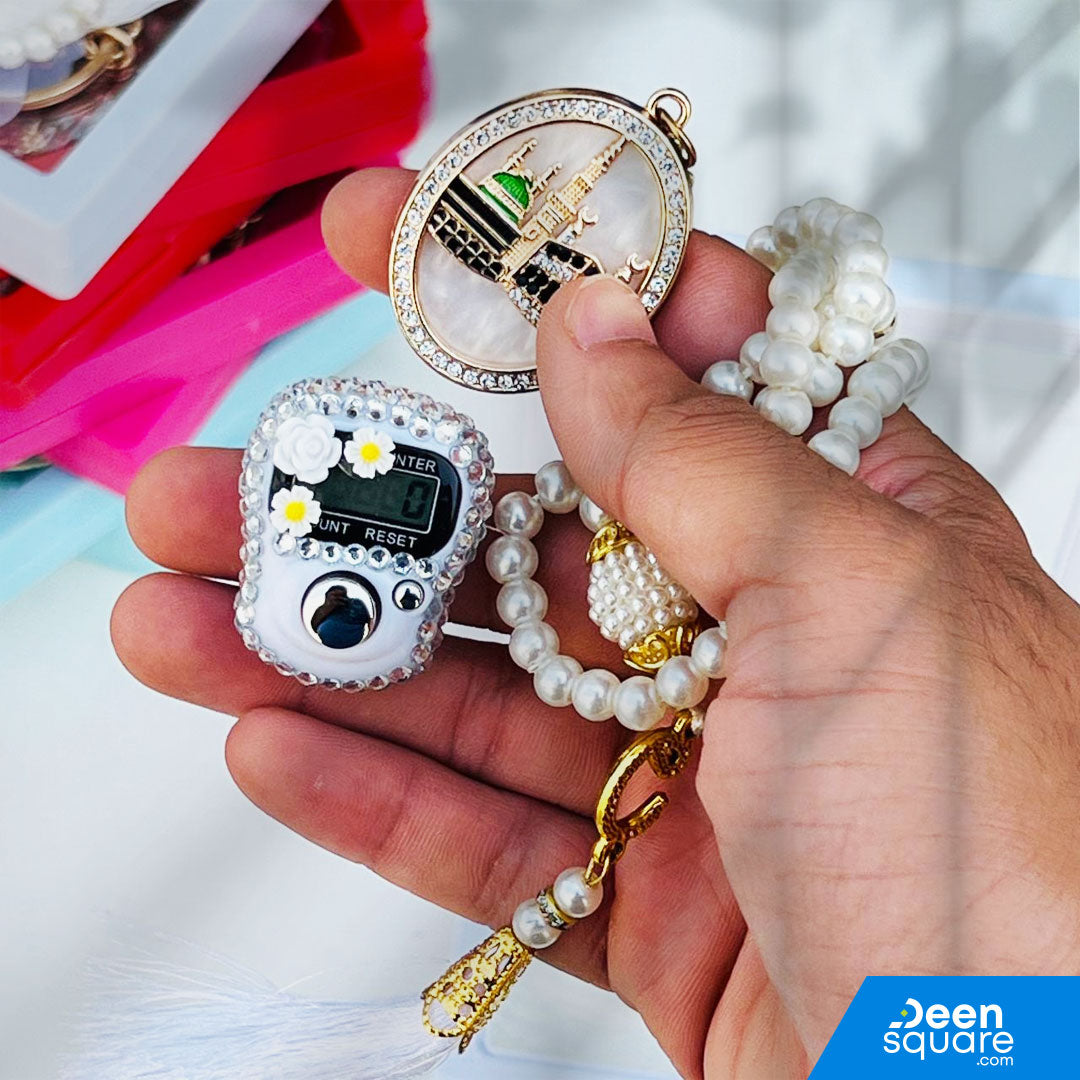 Tasbeeh Counter for Gift (99 Beads Tasbih with Finger Counter with free Keychain)