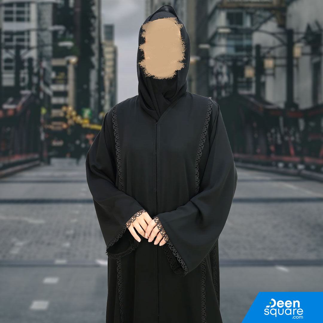 Classic Lace Work Abaya - Black