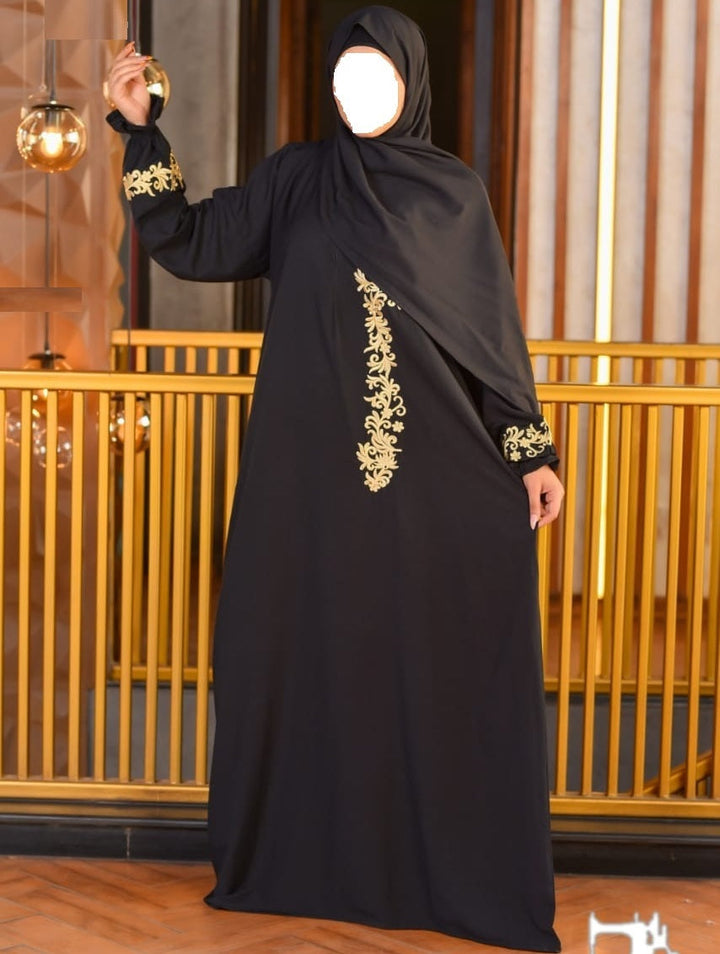 One Piece Prayer Dress with Shayla with embroidery on sleeves - Black