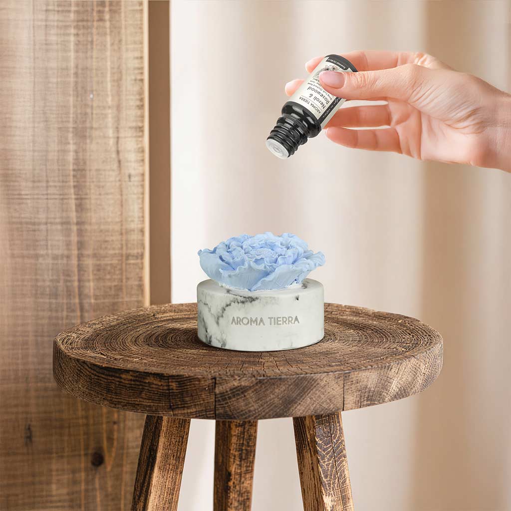hand adding neroli &amp; rosewood oil to cera flora ceramic diffuser in sunlit room
