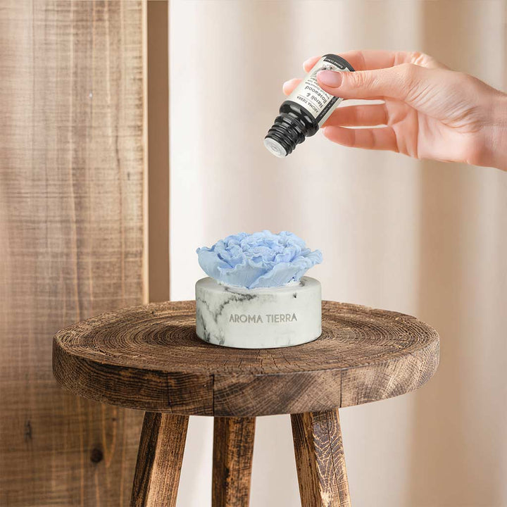 hand adding neroli &amp; rosewood oil to cera flora ceramic diffuser in sunlit room