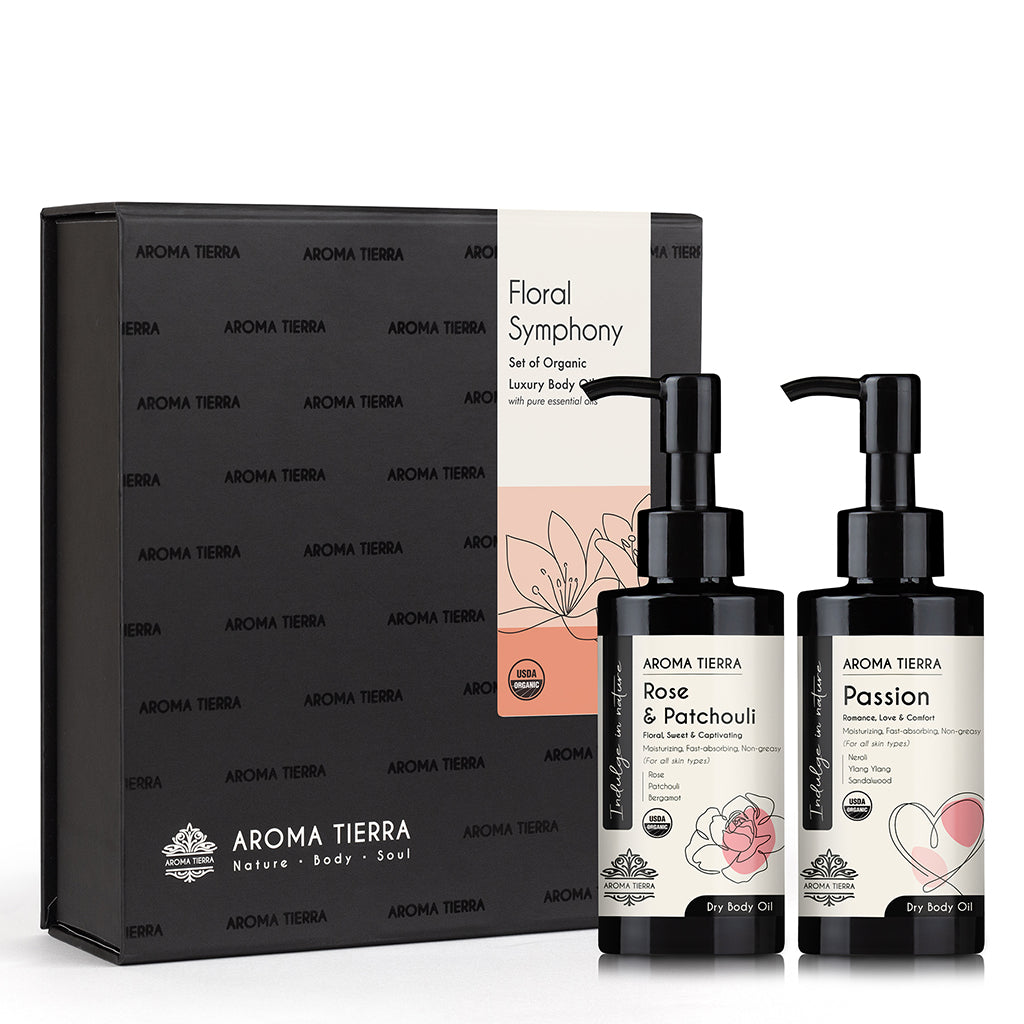 Buy Floral Symphony Gift Set of 2 Luxury Body Oils at deensquare.com Dubai | UAE. Perfect gift for her with Rose Patchouli and Passion oils.