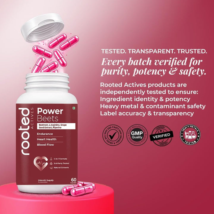 Rooted Actives Power Beets capsules with beetroot extract and L-arginine for nitric oxide support
