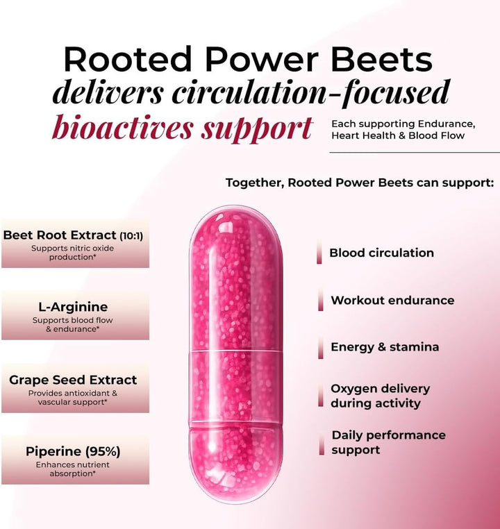 Rooted Actives Power Beets capsules with beetroot extract and L-arginine for nitric oxide support