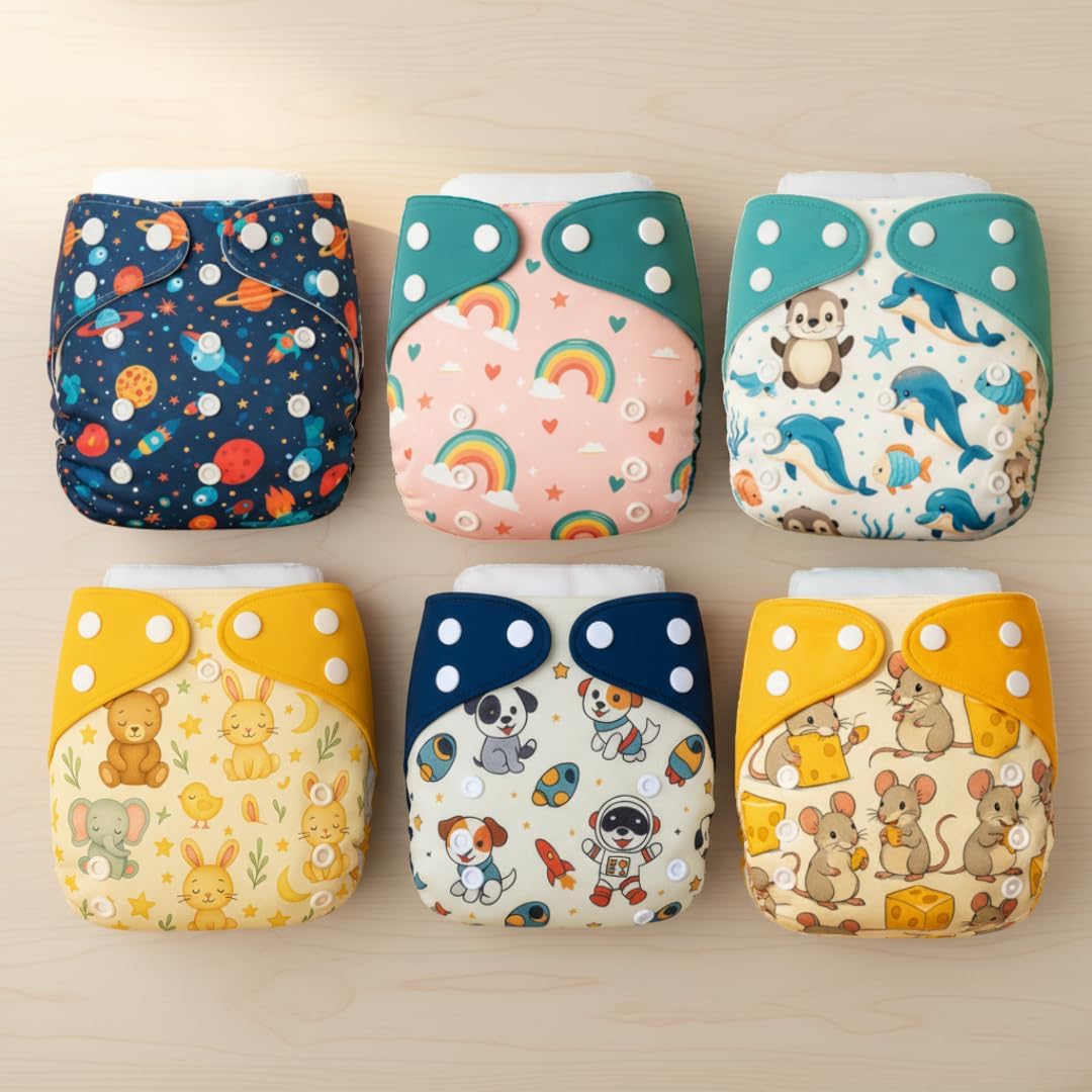 Blushbaby Premium Reusable Cloth Diaper Set for Babies (6 Diapers + 6 Inserts)