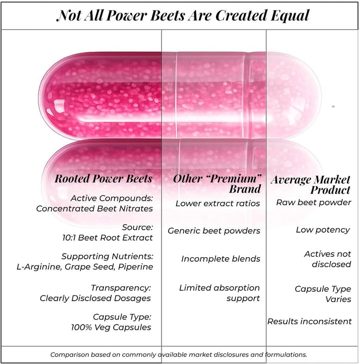 Rooted Actives Power Beets capsules with beetroot extract and L-arginine for nitric oxide support
