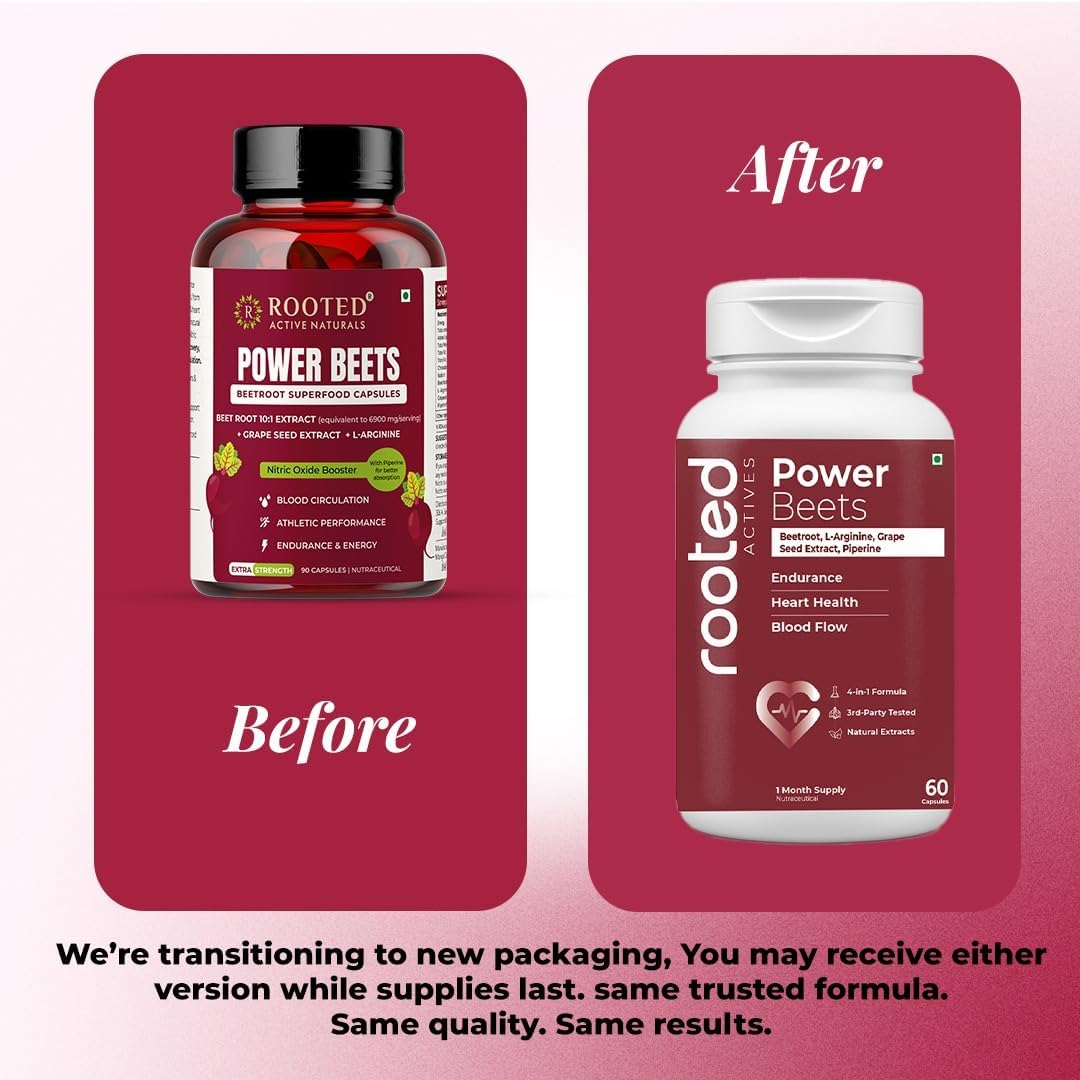 Rooted Actives Power Beets capsules with beetroot extract and L-arginine for nitric oxide support