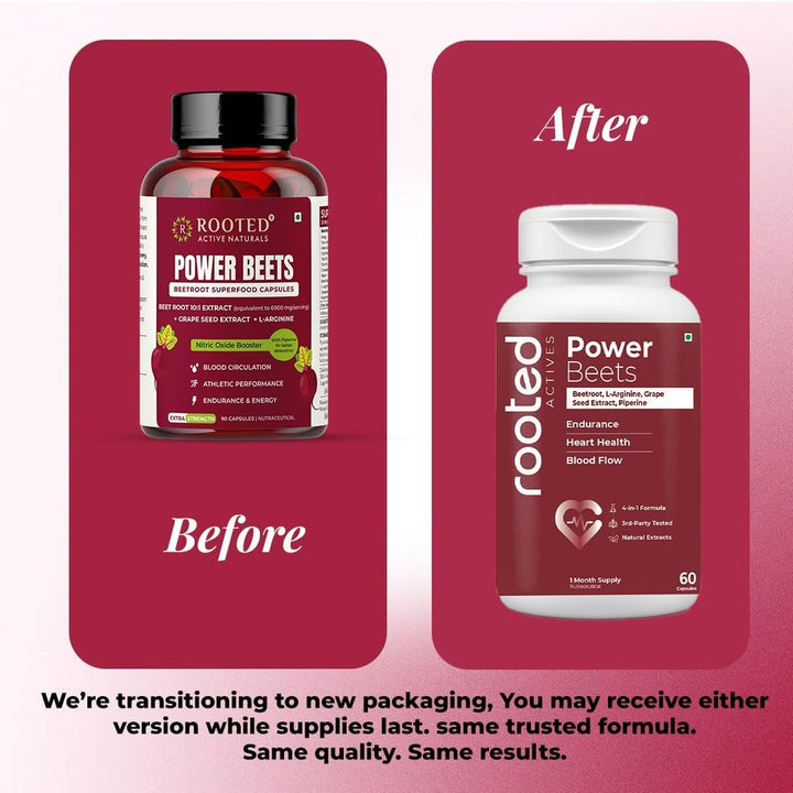 Rooted Actives Power Beets capsules with beetroot extract and L-arginine for nitric oxide support