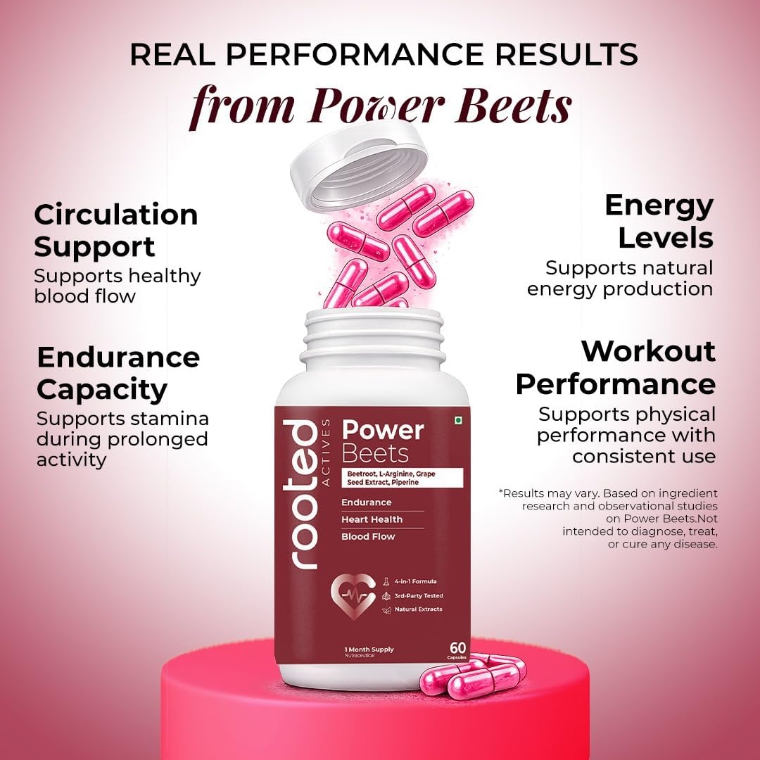 Rooted Actives Power Beets capsules with beetroot extract and L-arginine for nitric oxide support