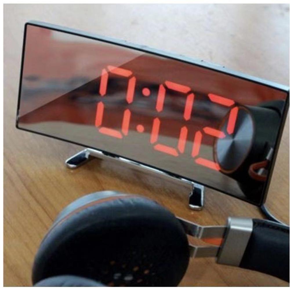 Modern LED mirror desk alarm clock showing time, temperature, calendar and alarm function with bright backlight display.