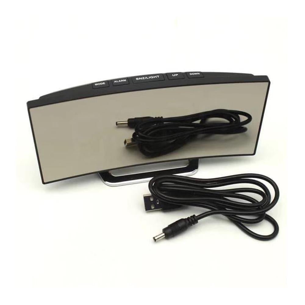 Modern LED mirror desk alarm clock showing time, temperature, calendar and alarm function with bright backlight display.