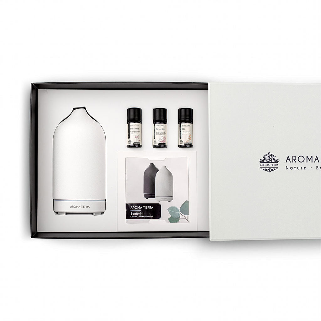 Santorini Gift Set - Ceramic Diffuser &amp; 3 Essential Oils- Aroma Tierra