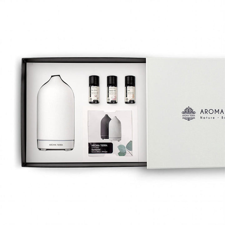 Santorini Gift Set - Ceramic Diffuser &amp; 3 Essential Oils- Aroma Tierra