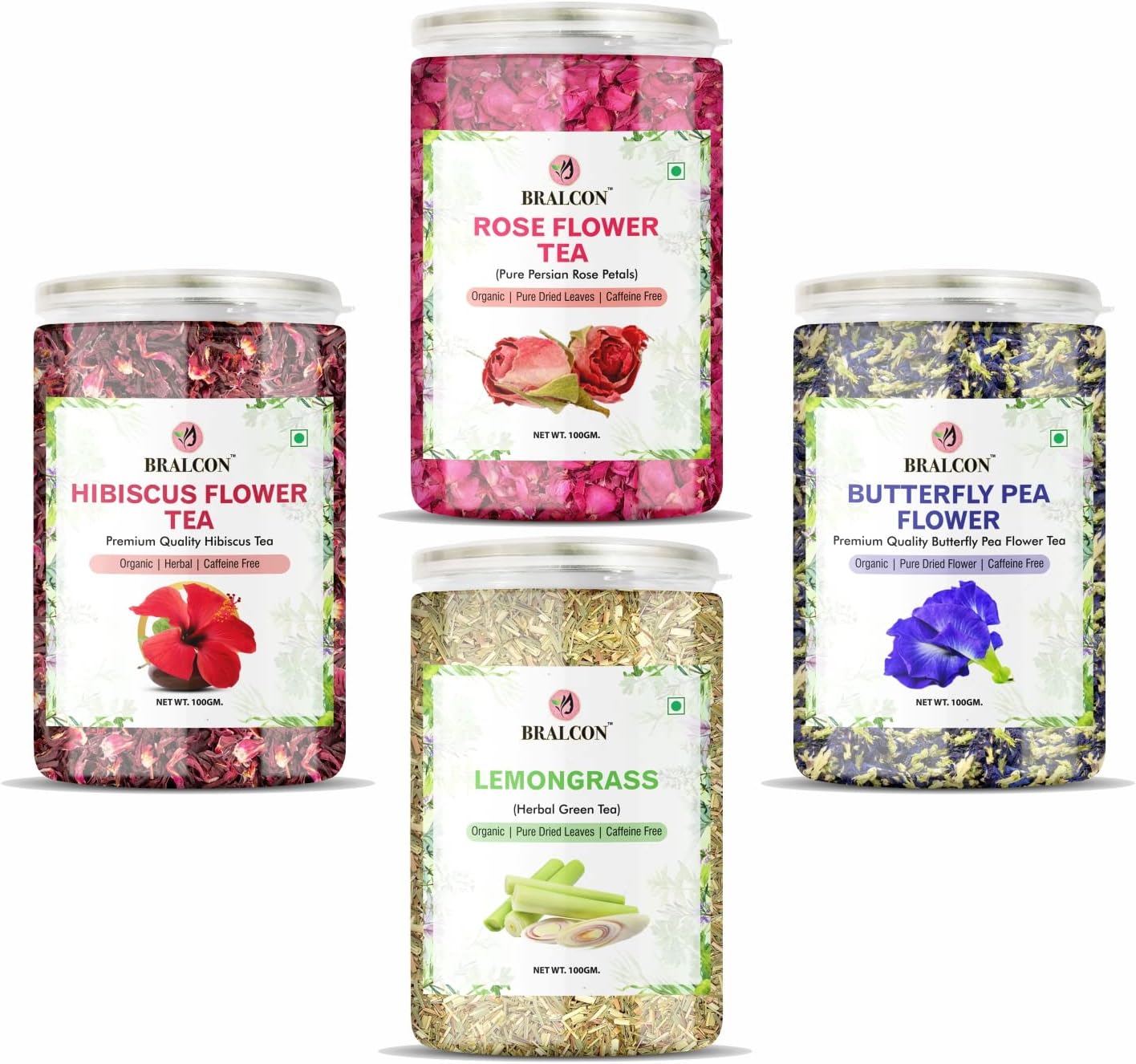 BRALCON herbal tea combo pack hibiscus butterfly pea chamomile lemongrass 4 x 100g herbal tea