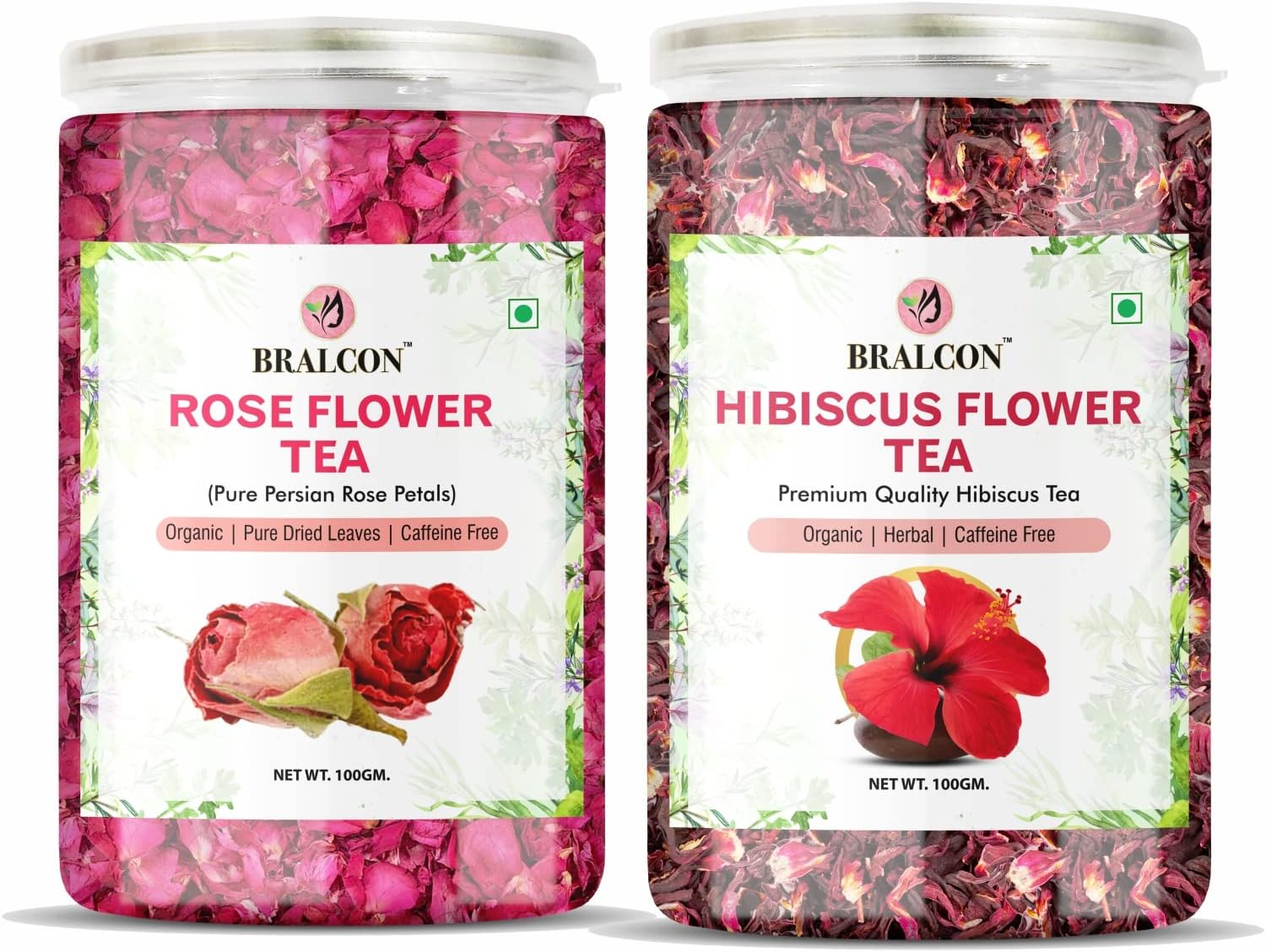 BRALCON Organic Herbal Tea Combo Pack - Hibiscus and Rose Flower 200g (100g x 2 Pack) 