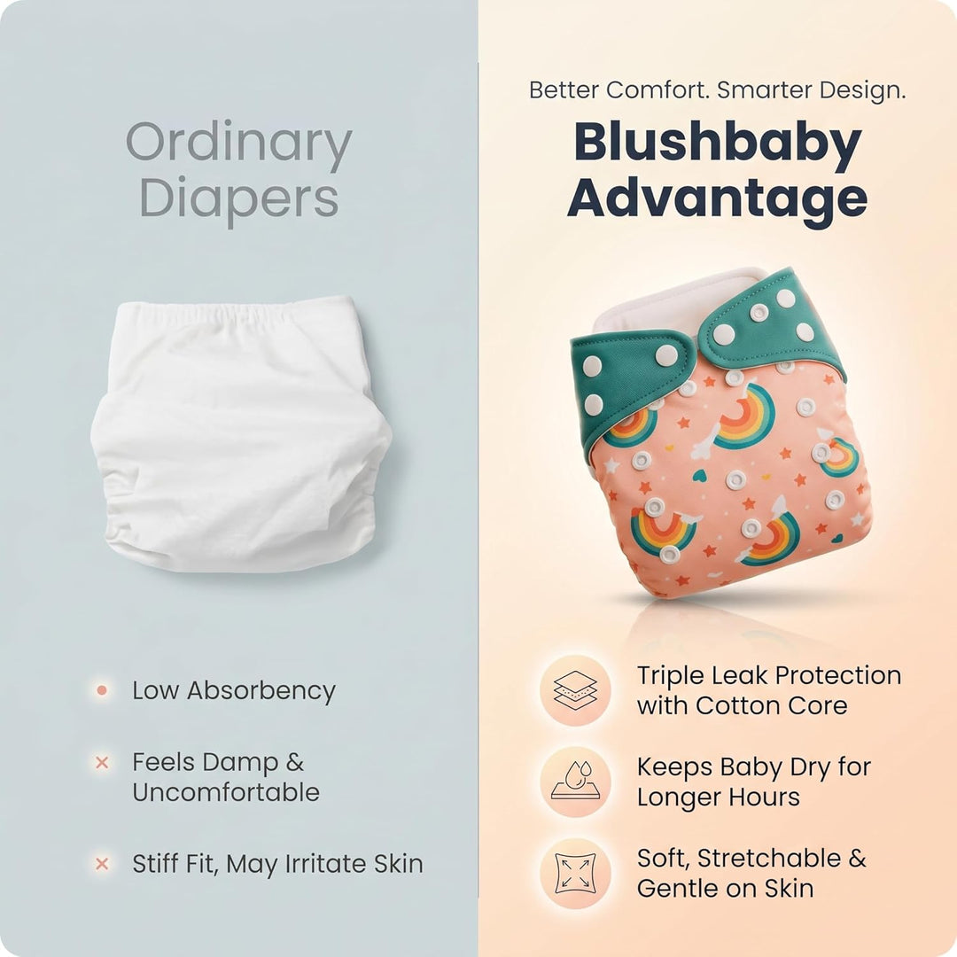 Blushbaby reusable cloth diapers with absorbent inserts for babies