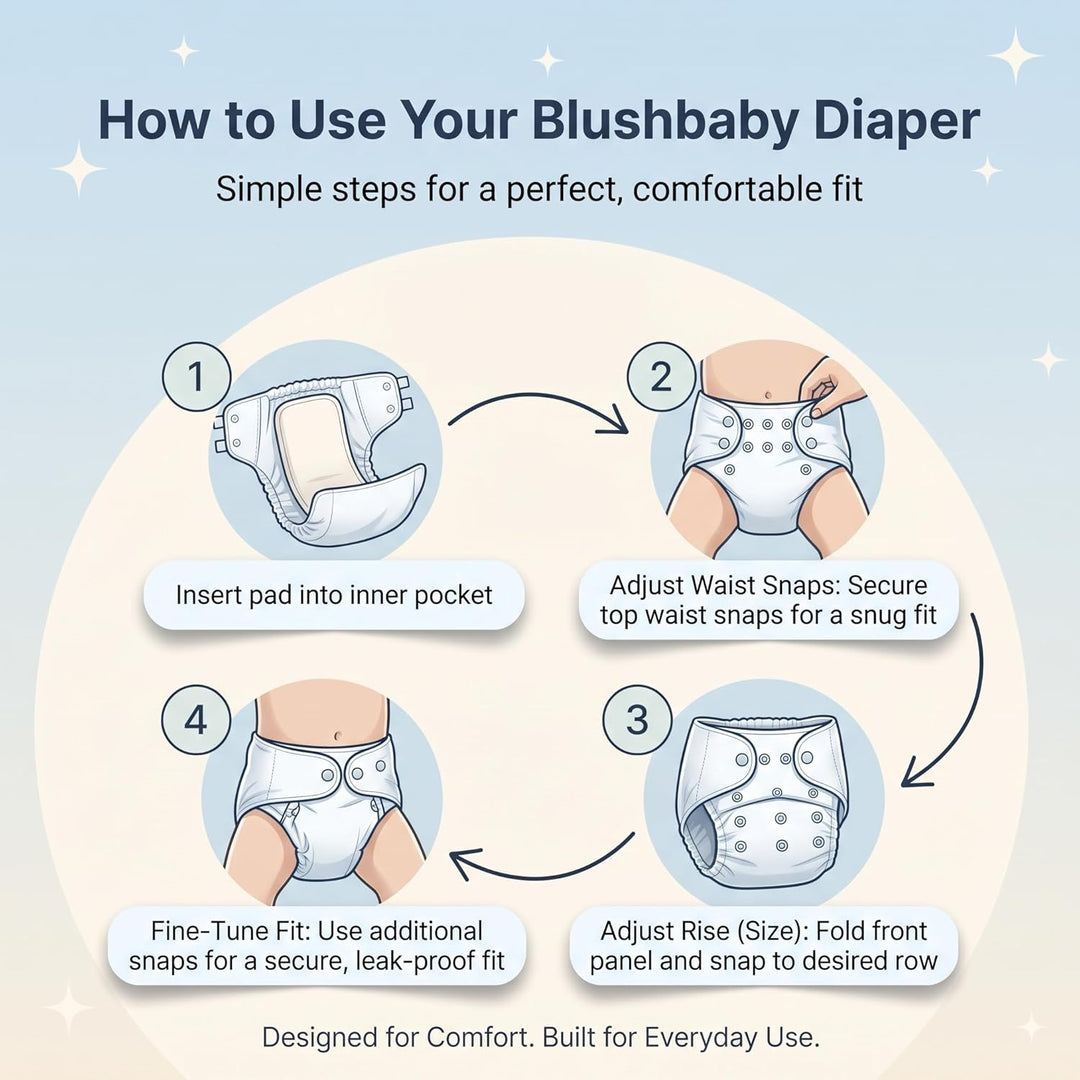 Premium reusable cloth diapers with adjustable sizing, leak-proof design and absorbent inserts for babies and toddlers.