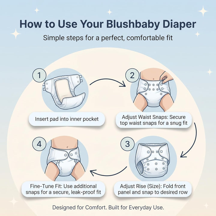Premium reusable cloth diapers with adjustable sizing, leak-proof design and absorbent inserts for babies and toddlers.
