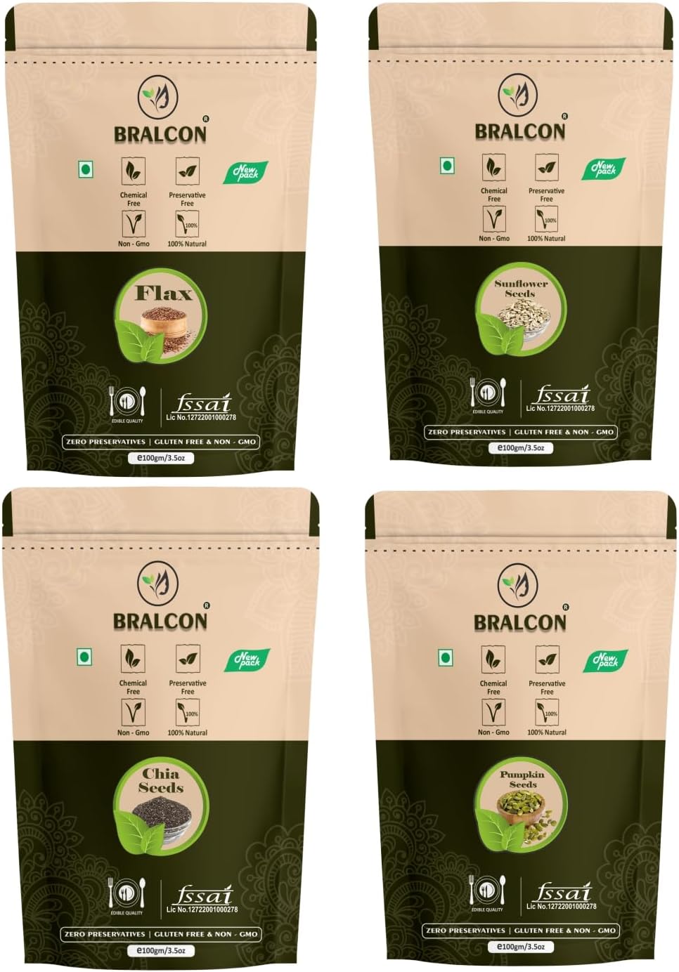 BRALCON raw organic seeds combo 400g chia pumpkin sunflower flax seeds