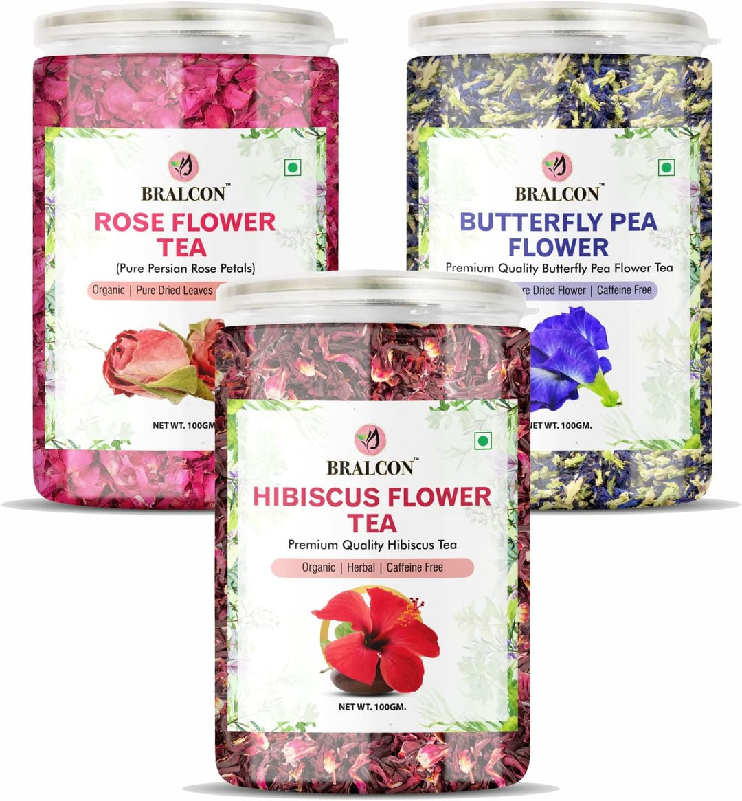 BRALCON Organic Herbal Tea Combo Pack- Hibiscus Flower, Butterfly Flower, Rose Flower Tea- 300g(100g x 3 Pack