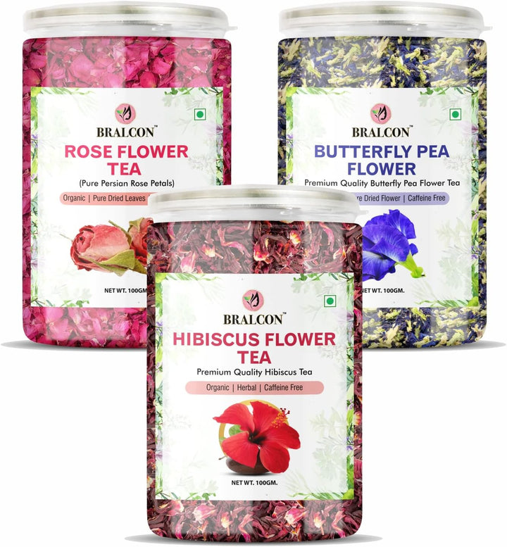 BRALCON Organic Herbal Tea Combo Pack- Hibiscus Flower, Butterfly Flower, Rose Flower Tea- 300g(100g x 3 Pack