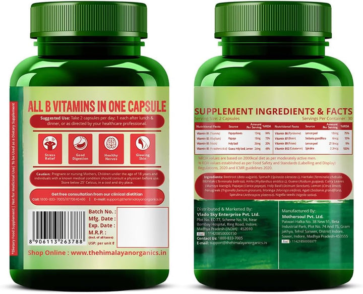 Himalayan Organics Plant Based Vitamin B12 Supplement | B1, B2, B3, B5, B6, B7, B9, B12|  - 120 Vegetarian Capsules