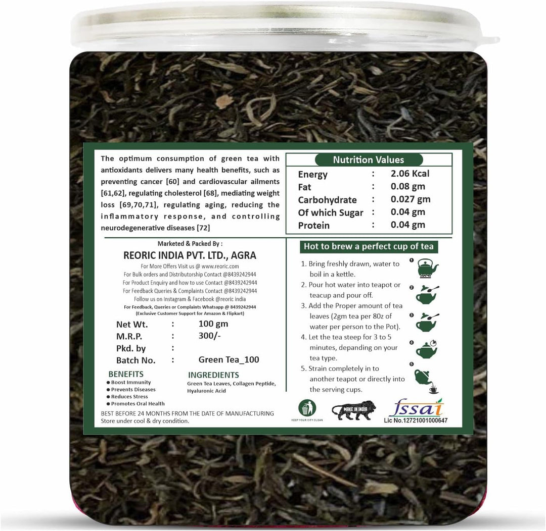 BRALCON Organic Green Tea - 100g | 100% Pure &amp; Natural Herbal Green Tea Leaves | Whole Long Green Tea Leaf | Boost immunity