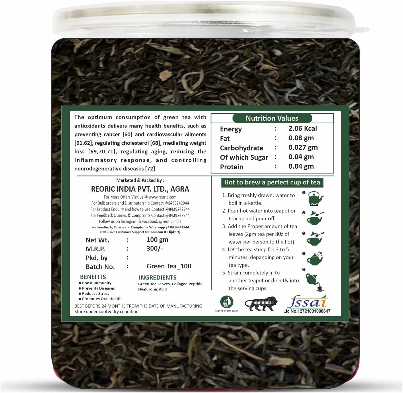 BRALCON Organic Green Tea - 100g | 100% Pure & Natural Herbal Green Tea Leaves | Whole Long Green Tea Leaf | Boost immunity