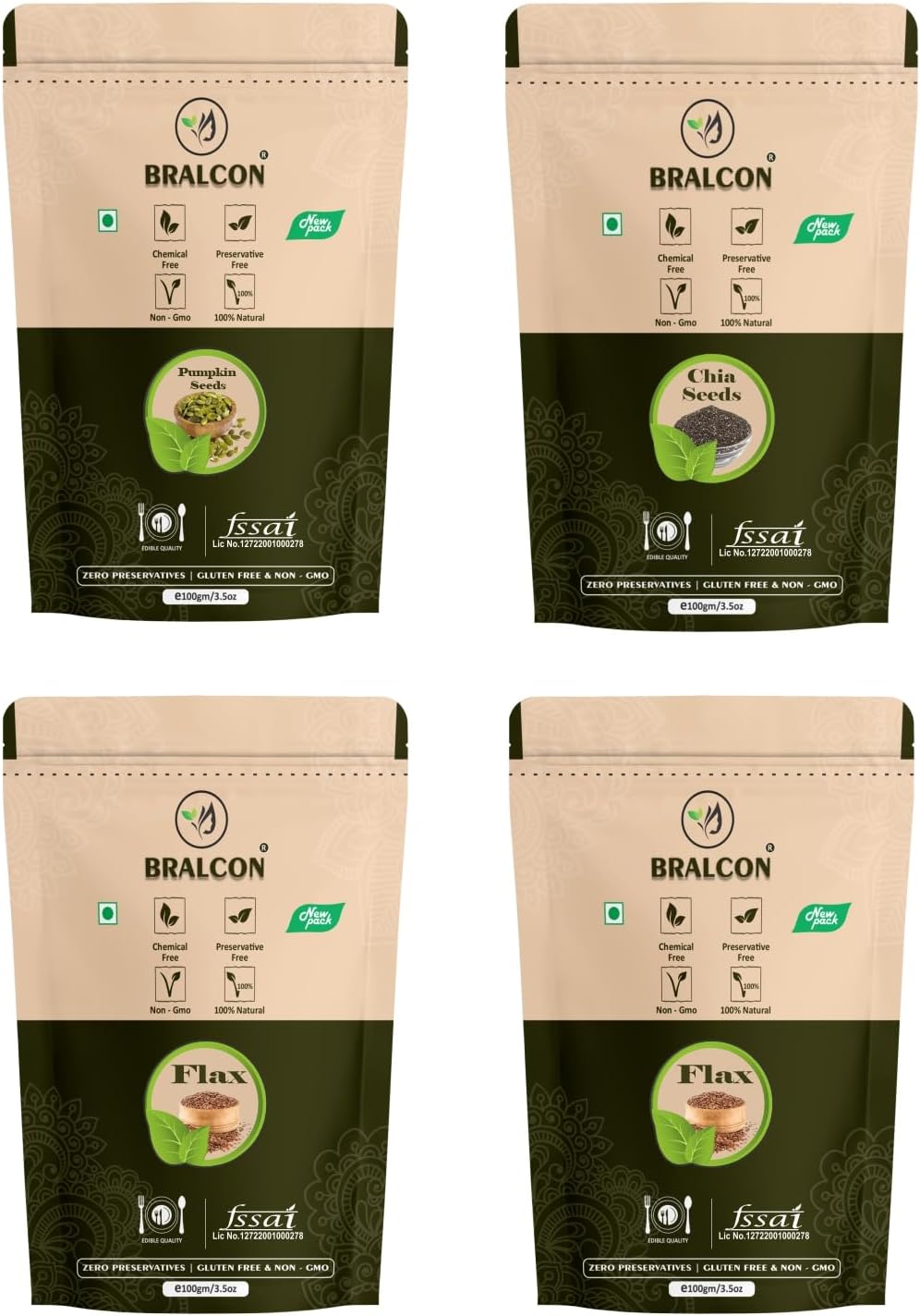 BRALCON raw organic seeds combo pack 400g flax chia pumpkin seeds