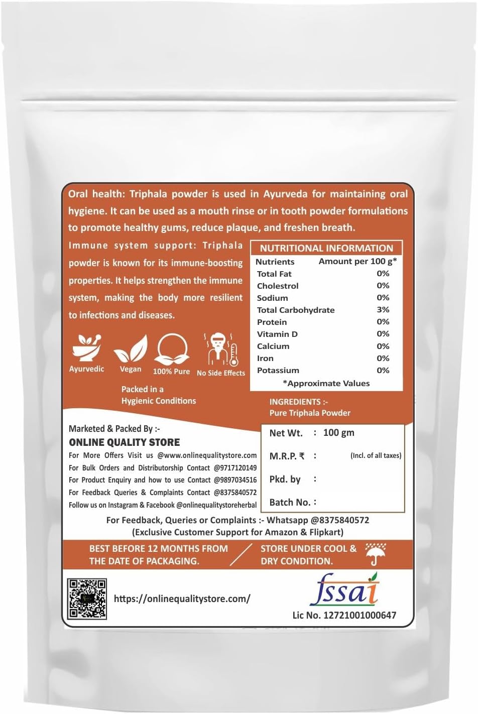 Online Quality Store Triphala Powder 100g natural herbal supplement