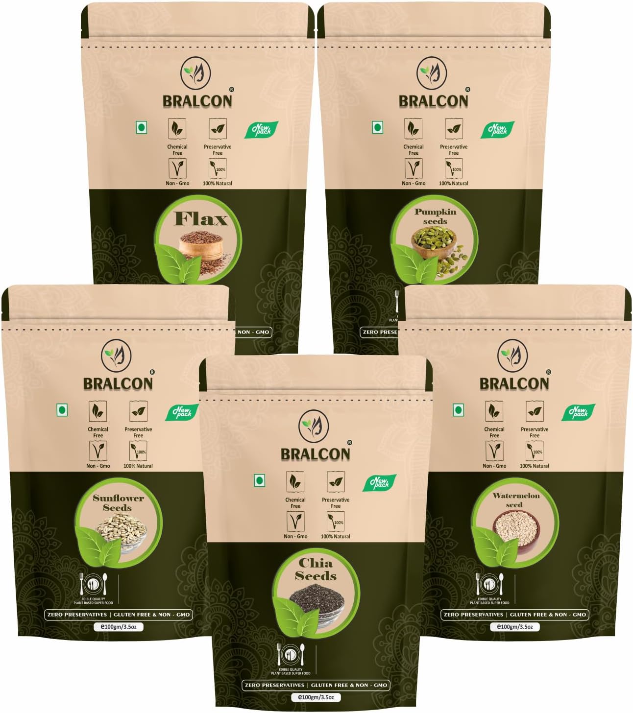 Buy BRALCON Seeds Combo 500g in UAE. Chia, watermelon, pumpkin, sunflower and flax seeds. Fast Dubai delivery with worldwide shipping available.