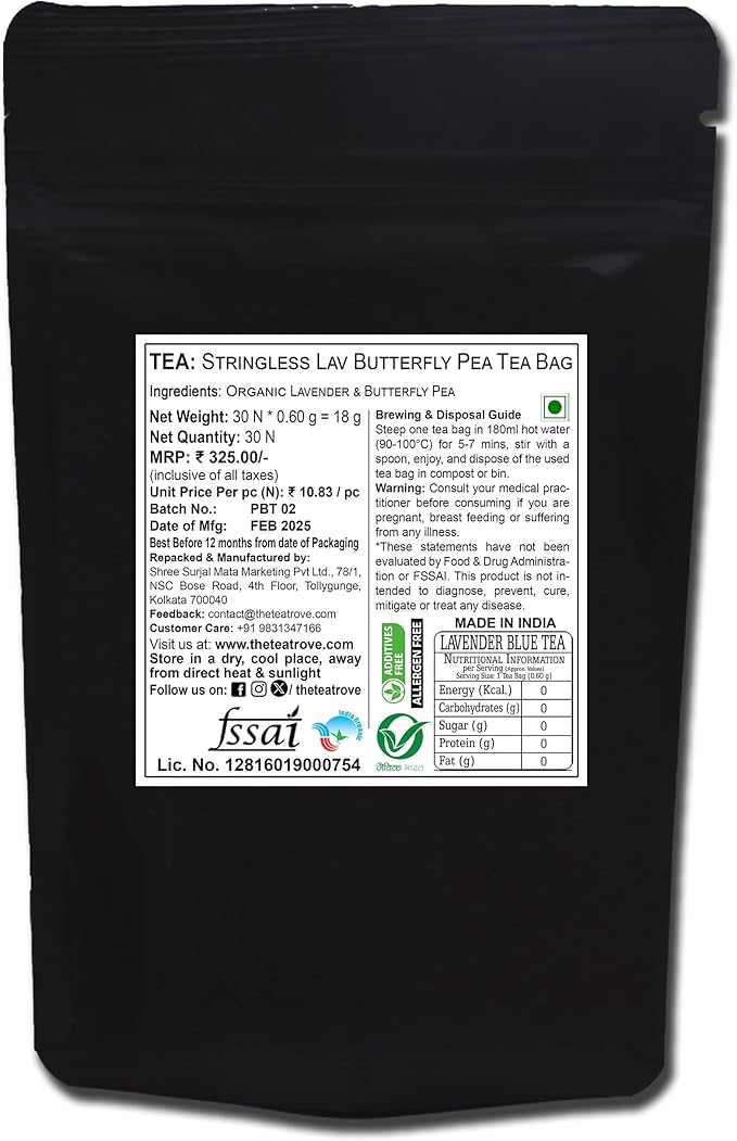 Blue Lavender Herbal Tea – 30 Biodegradable Pyramid Tea Bags Pouch | Caffeine-Free Herbal Infusion