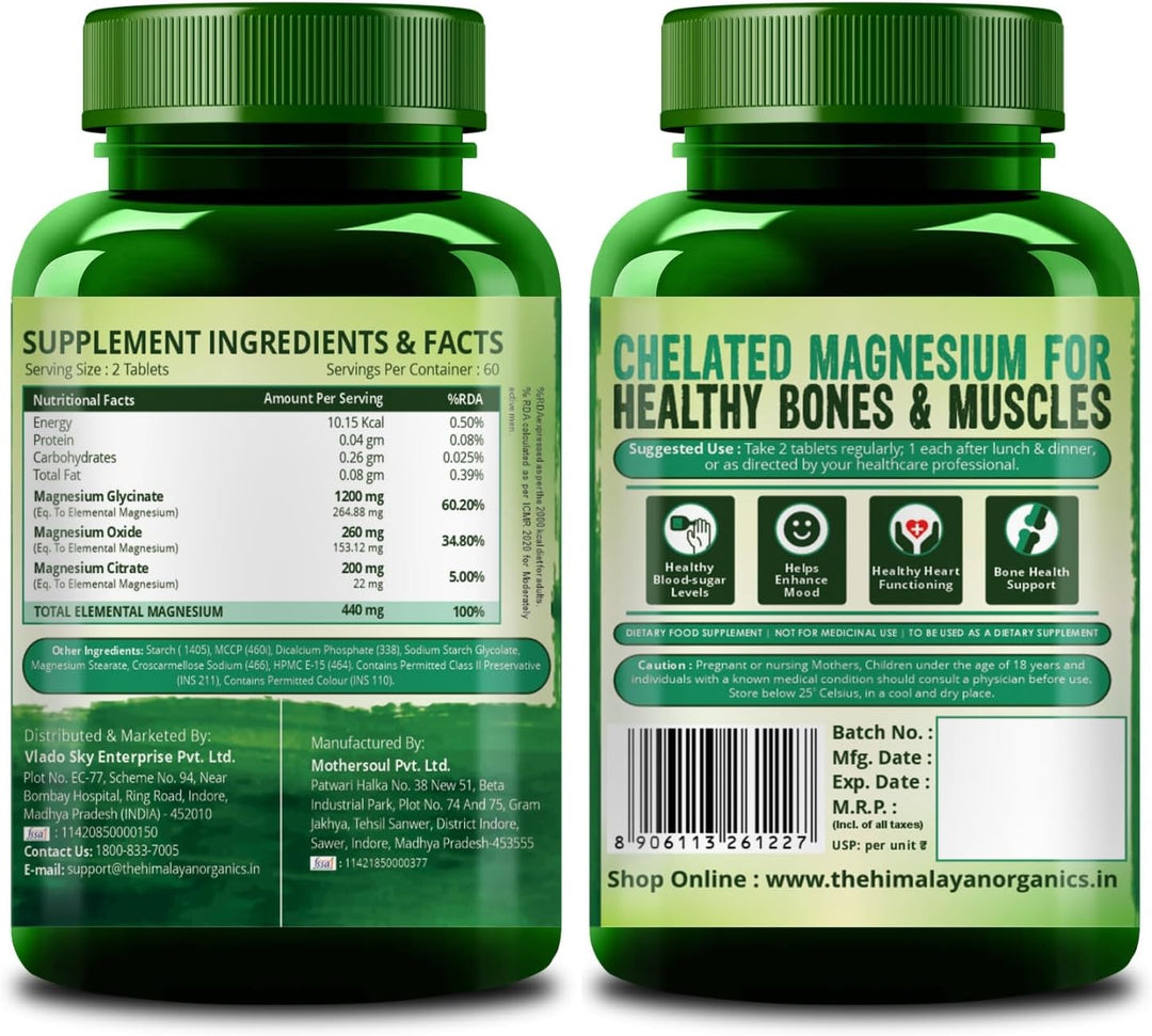 HIMALAYAN ORGANICS Magnesium Citrate + Glycinate + Oxide Complex 1648 mg Supplement For Men And Women | Boost Heart, Nerve &amp; Muscle Health | Good For Strong Bones - 120 Vegetarian Tablets
