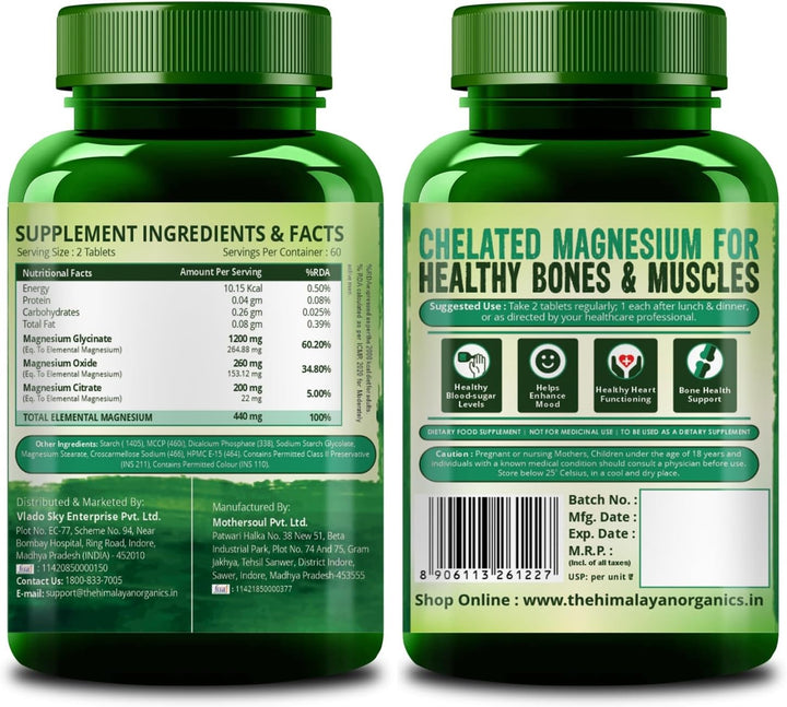 HIMALAYAN ORGANICS Magnesium Citrate + Glycinate + Oxide Complex 1648 mg Supplement For Men And Women | Boost Heart, Nerve &amp; Muscle Health | Good For Strong Bones - 120 Vegetarian Tablets