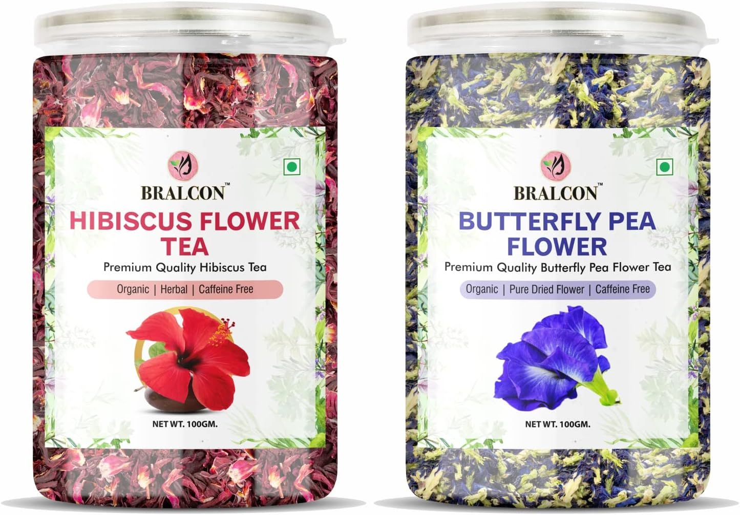 BRALCON Organic Herbal Combo Pack- Hibiscus Flower and Butterfly Pea Flower Tea- 200g(100g x 2 Pack) 