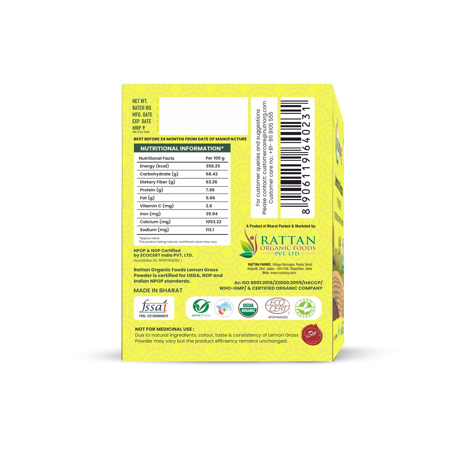 Nutriorg Lemon Grass Powder 100g