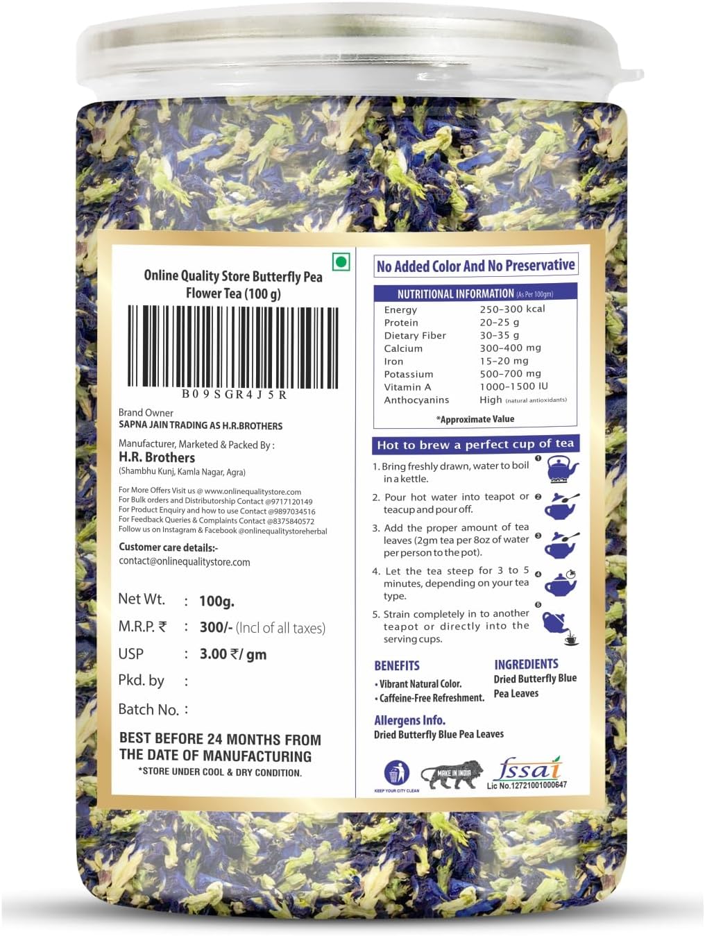 Online Quality Store Hibiscus Flower Tea, Butterfly Pea, Chamomile, Lemongrass - 100gm Each (4 X 100 gm) Total 400 gm