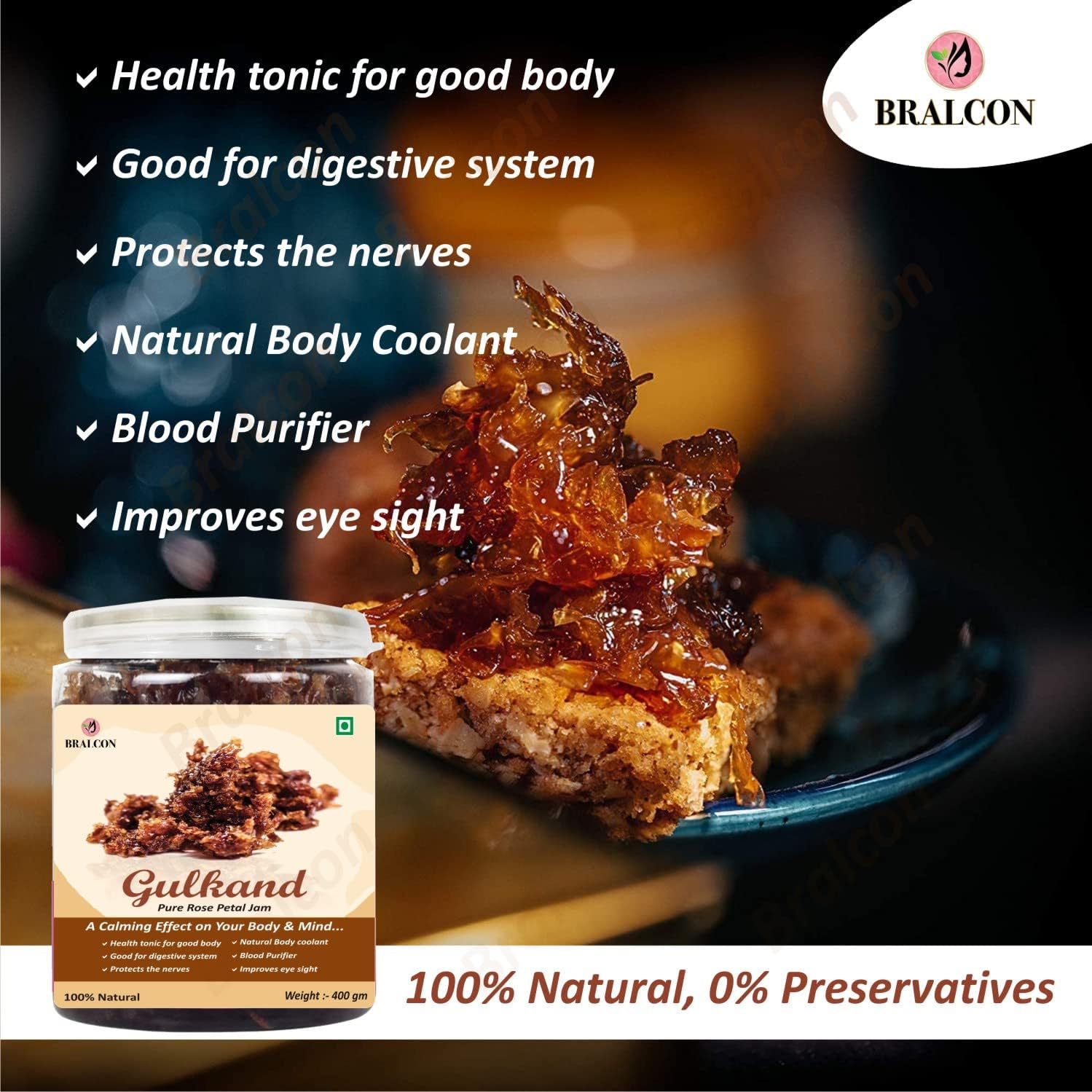 BRALCON natural gulkand rose petal jam 400g traditional sweet preserve