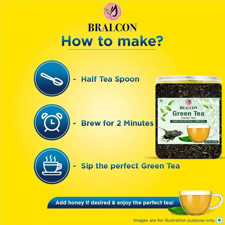 BRALCON Organic Green Tea - 100g | 100% Pure &amp; Natural Herbal Green Tea Leaves | Whole Long Green Tea Leaf | Boost immunity