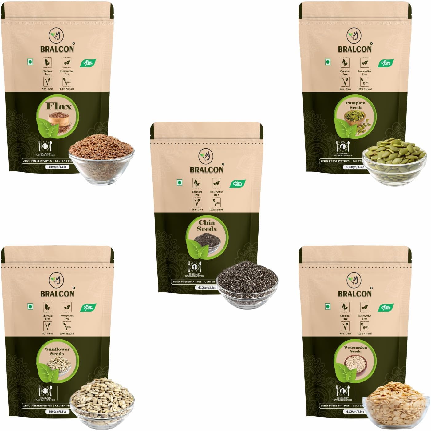 BRALCON seeds combo chia watermelon pumpkin sunflower flax 500g