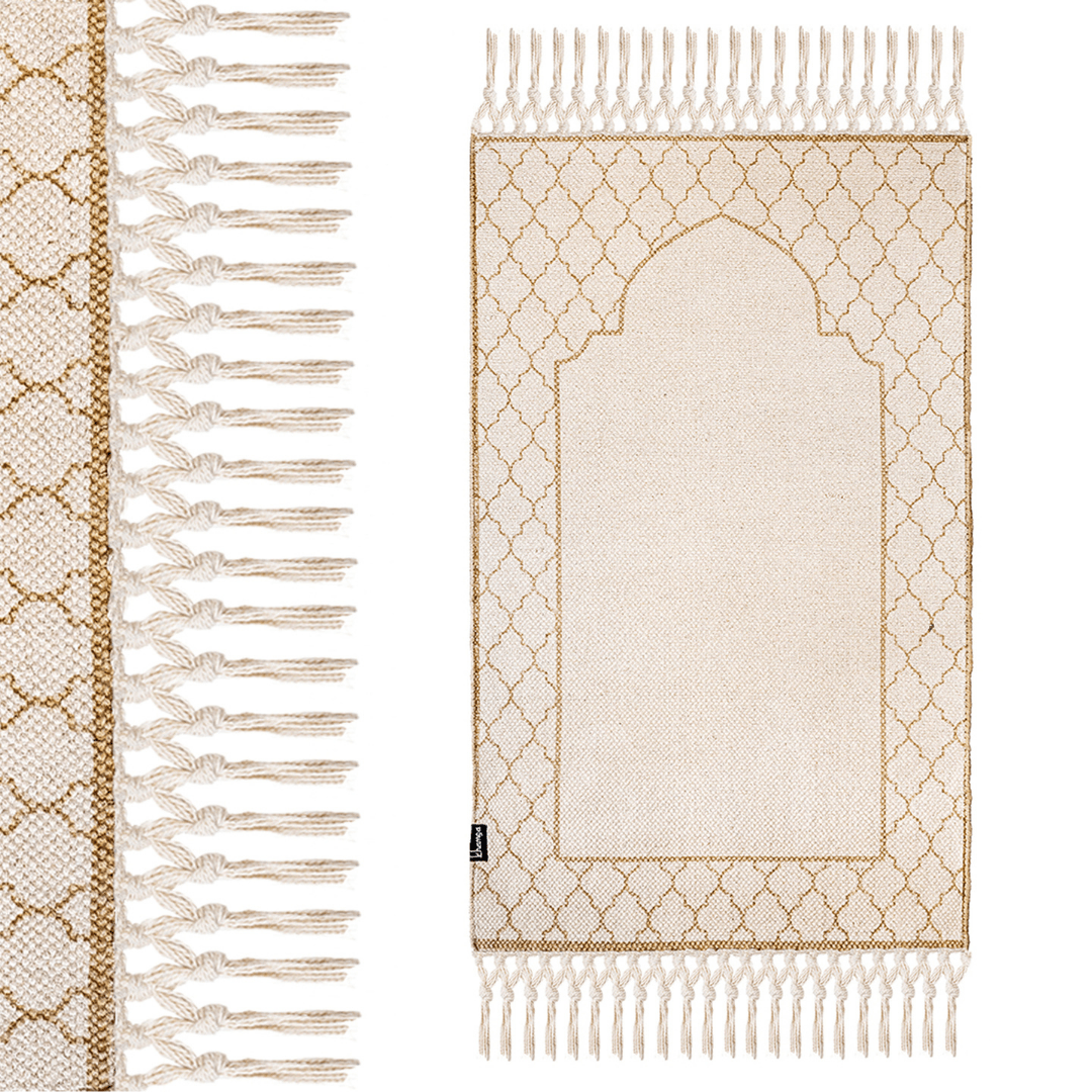 Khamsa Classic | Muslim Prayer Rug Prayer Mat Children Size 55 cm x 100 cm Arabic Style Janamaz in 100% Soft Organic Cotton Fabric Handcrafted Arabic Design | Asmar - Tan