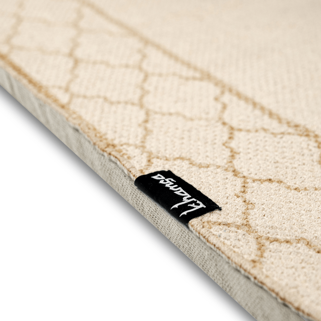 Khamsa Comfort | Muslim Prayer Rug Prayer Mat with Added Foam Padding for Pressure Relief and Motion Absorption Children Size 55 cm x 100 cm Arabic Style Janamaz in 100% Soft Organic Cotton Fabric Handcrafted Arabic Design | Asmar - Tan