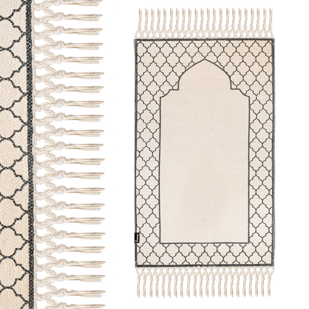 Khamsa Classic | Muslim Prayer Rug Prayer Mat Children Size 55 cm x 100 cm Arabic Style Janamaz in 100% Soft Organic Cotton Fabric Handcrafted Arabic Design | Ramadi - Grey