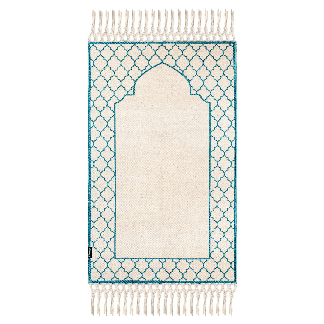 Khamsa Comfort | Muslim Prayer Rug Prayer Mat with Added Foam Padding for Pressure Relief and Motion Absorption Adult Size 65 cm x 110 cm Arabic Style Janamaz in 100% Soft Organic Cotton Fabric Handcrafted Arabic Design | Azraq - Blue