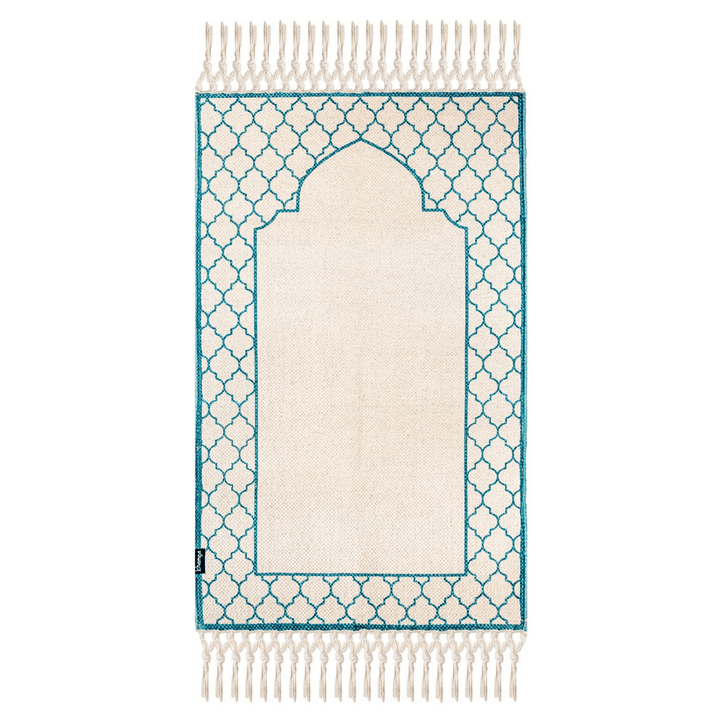 Khamsa Comfort | Muslim Prayer Rug Prayer Mat with Added Foam Padding for Pressure Relief and Motion Absorption Adult Size 65 cm x 110 cm Arabic Style Janamaz in 100% Soft Organic Cotton Fabric Handcrafted Arabic Design | Azraq - Blue