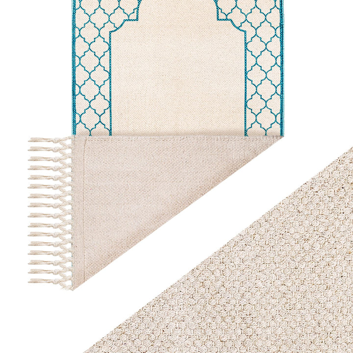Khamsa Comfort | Muslim Prayer Rug Prayer Mat with Added Foam Padding for Pressure Relief and Motion Absorption Adult Size 65 cm x 110 cm Arabic Style Janamaz in 100% Soft Organic Cotton Fabric Handcrafted Arabic Design | Azraq - Blue
